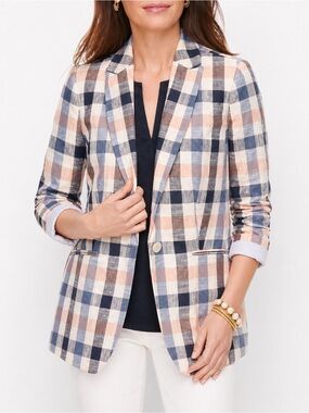 NWT Talbots Plaid Blazer Petite Size 2P Blue Pink Cotton Preppy Spring Jacket